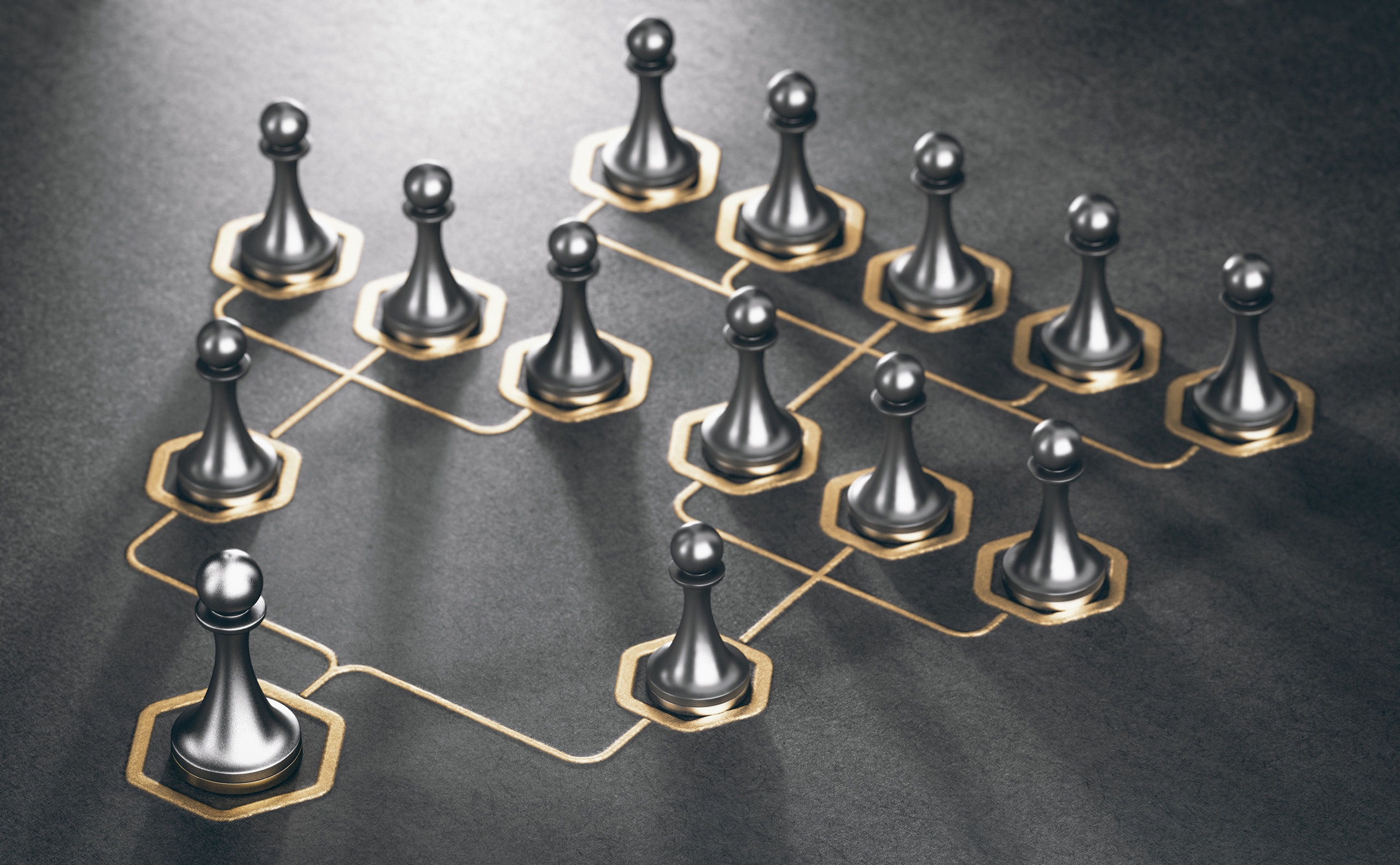 Chess pieces arranged in a connected tree — visualizing the legal video career path