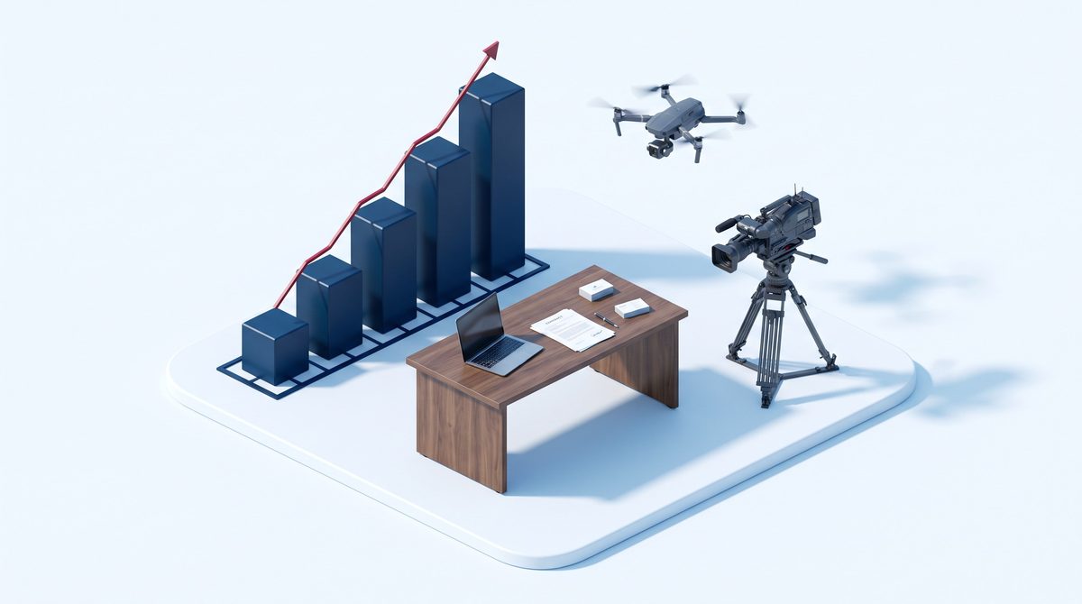 Isometric illustration of business growth in legal video: a rising bar chart with a growth line, a desk with a laptop and signed contract, a video camera on a tripod, and a drone overhead